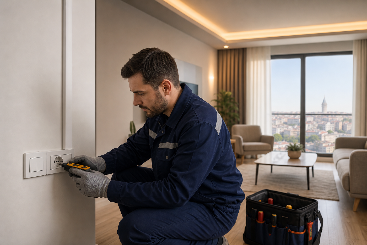 Konut içinde priz ve elektrik güvenlik kontrolü yapan Anka Elektrik teknisyeni