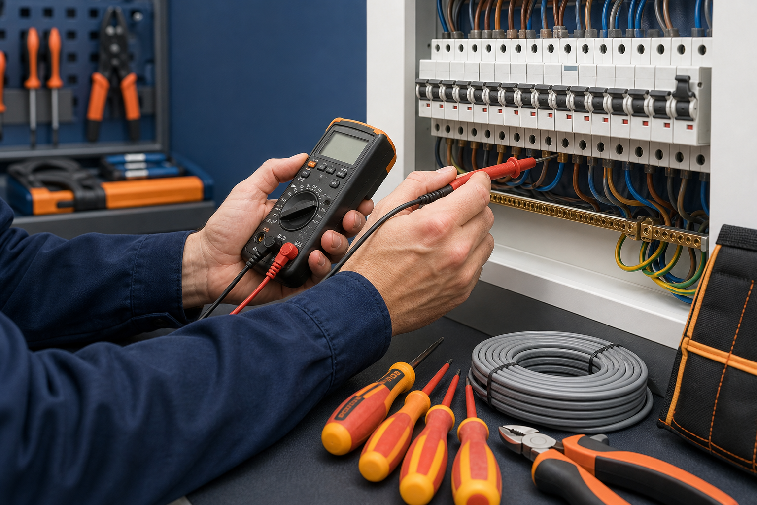 Elektrik arıza tespiti için multimetre ile pano kontrolü ve teknik servis ekipmanları